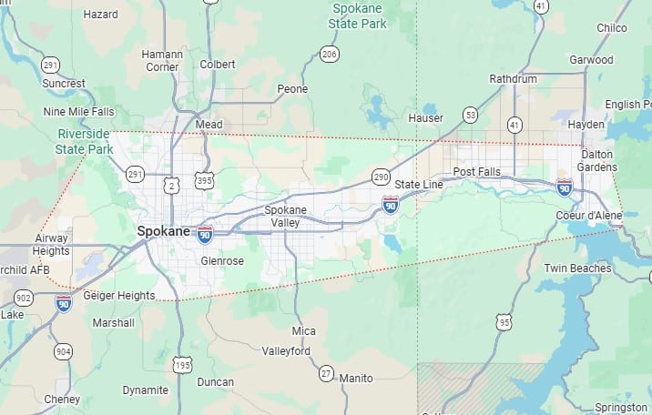 Map of 20 Miles North web design service area covering Spokane, Spokane Valley, Liberty Lake, Coeur d'Alene and surrounding communities